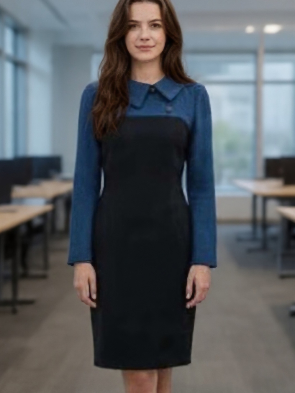 Two-Tone Blue and Black Long-Sleeve Sheath Dress